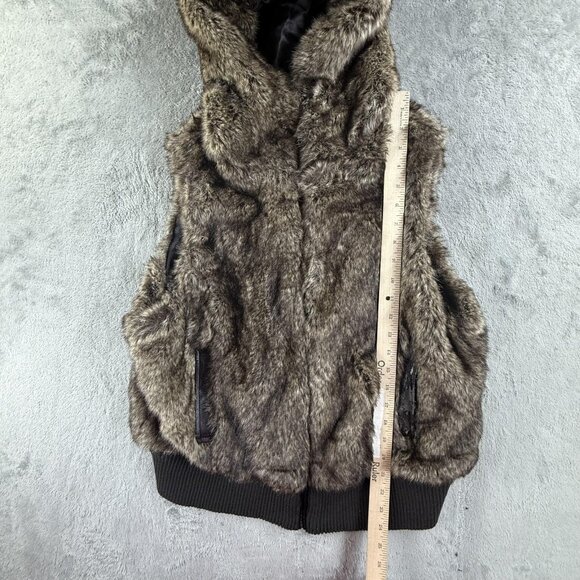 Op Ocean Pacific Faux Fur Vest Womens XL Dark Brown Hooded Bomber Full Zip Y2K - Picture 8 of 12